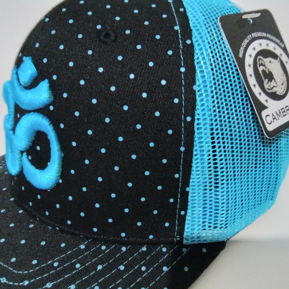 Om Aum Ohm Yoga Namaste Symbol 3D Embroidered Blue Polka Dot Mesh Trucker Hat - Picture 4 of 6
